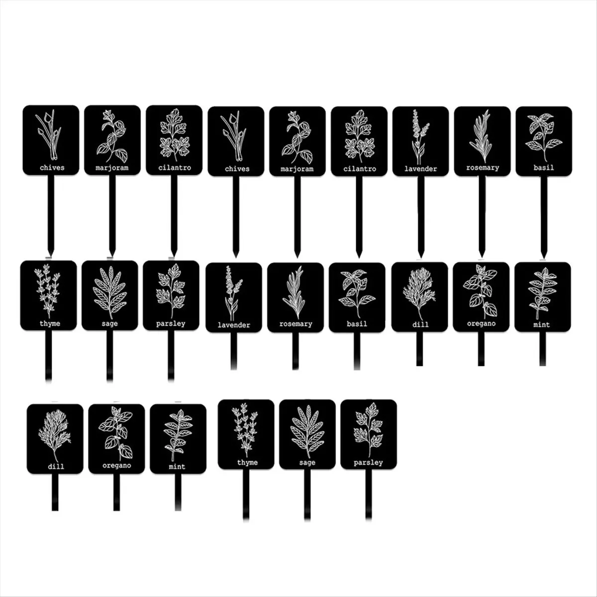 AA14 24Pcs Acrylic Plant Label Signs 12 Styles Garden Markers Plant Stake Tags Black Waterproof Tags with Names