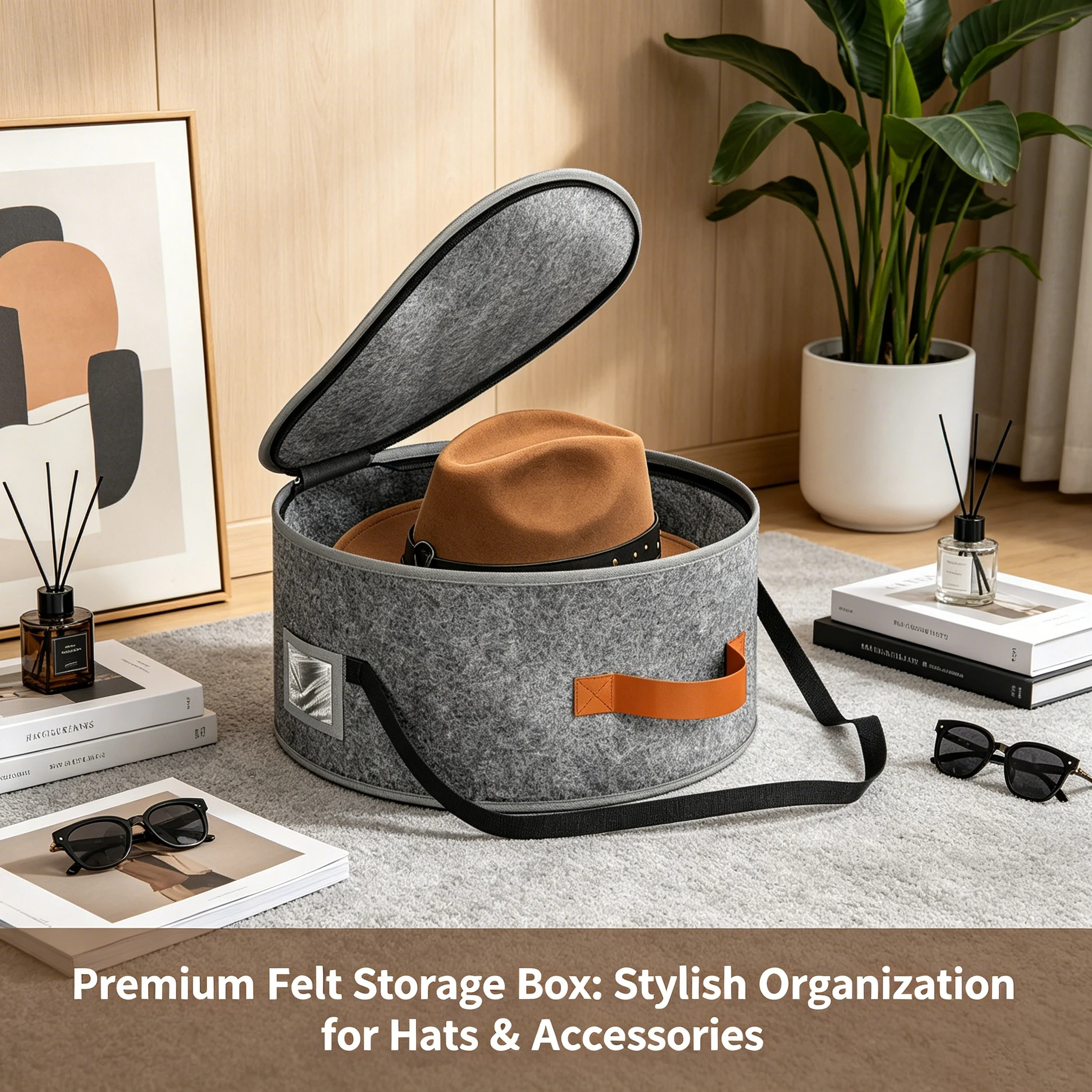 Foldable Round Denim Hat Box Felt Hat Storage Bag with Handle and Shoulder Strap, Baseball Cap Container for Travel and Storage