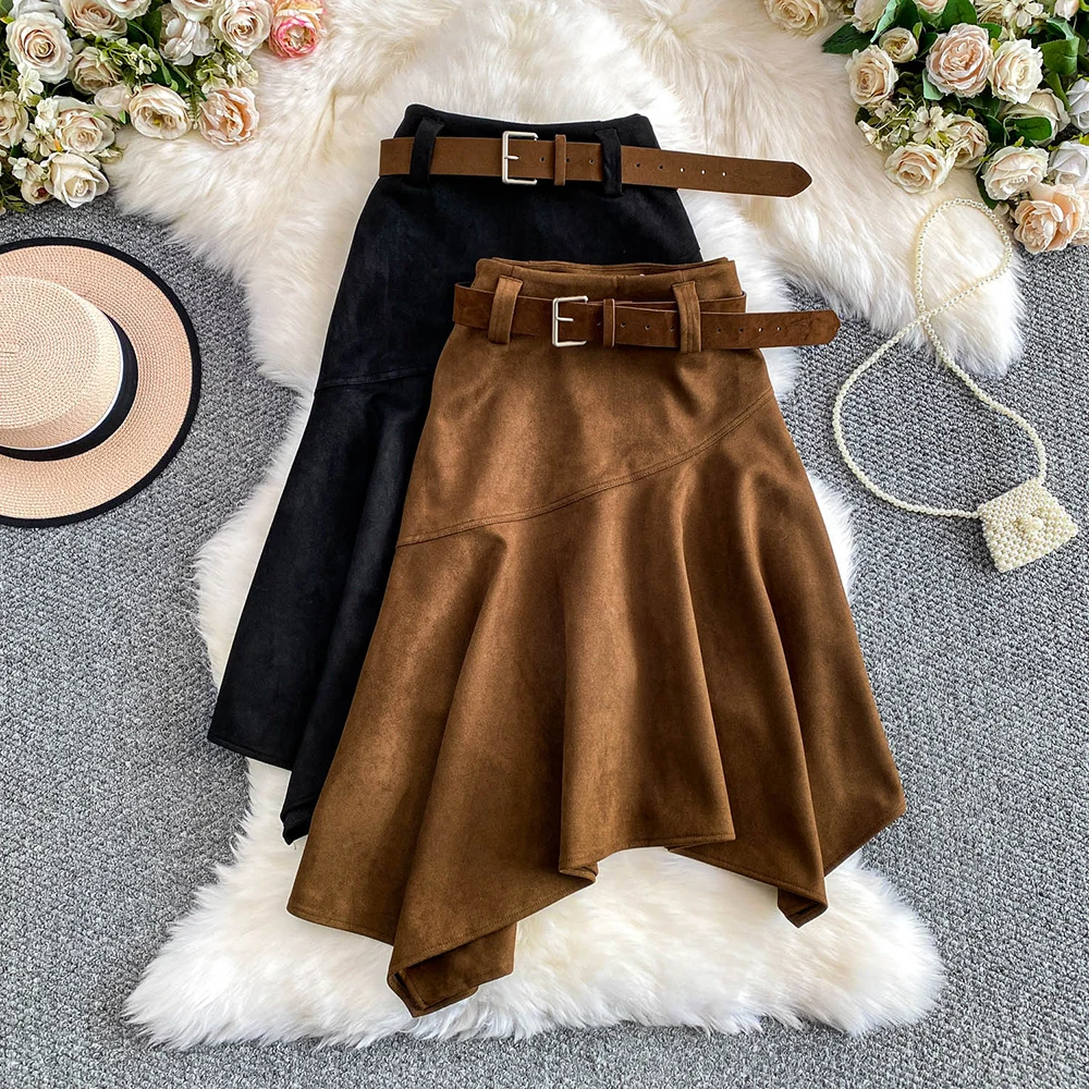 TWOTWINSTYLE Vintage Solid Suede Fabric Skirts For Women High Waist Autumn Temperament Irregular Ruffle Skirt Female KSK553267
