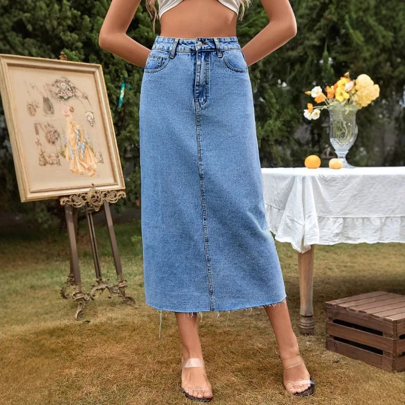 

Jeans Skirt Women Denim Long Skits Vintae Washed Split Korean A-Line Tassel Straight Streetwear High Waist Midi Long Denim Skit