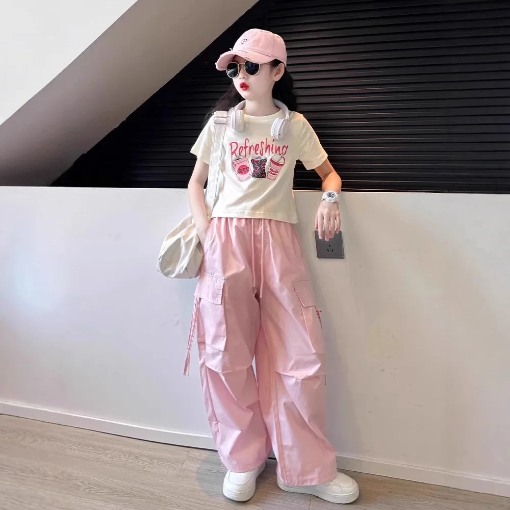 2026 new jazz dance summer Kids Children set Girls Clothes T-Shirt + wide leg Cargo Pants Teenager outfit 4 -18 years