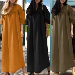 Summer Dress Women's Fashion Casual Puff Sleeve Maxi Dress Loose Solid Cotton Linen Long Skirts Muslim Modest Abaya Islamic Robe