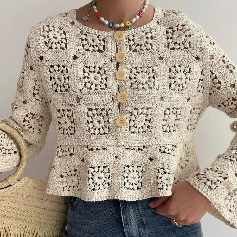 Blusa de encaje guipur para mujer, manga larga, con botones al frente, diseño calado, tejido de ganchillo Granny Square, estilo bohemio, primavera-verano, chic francés