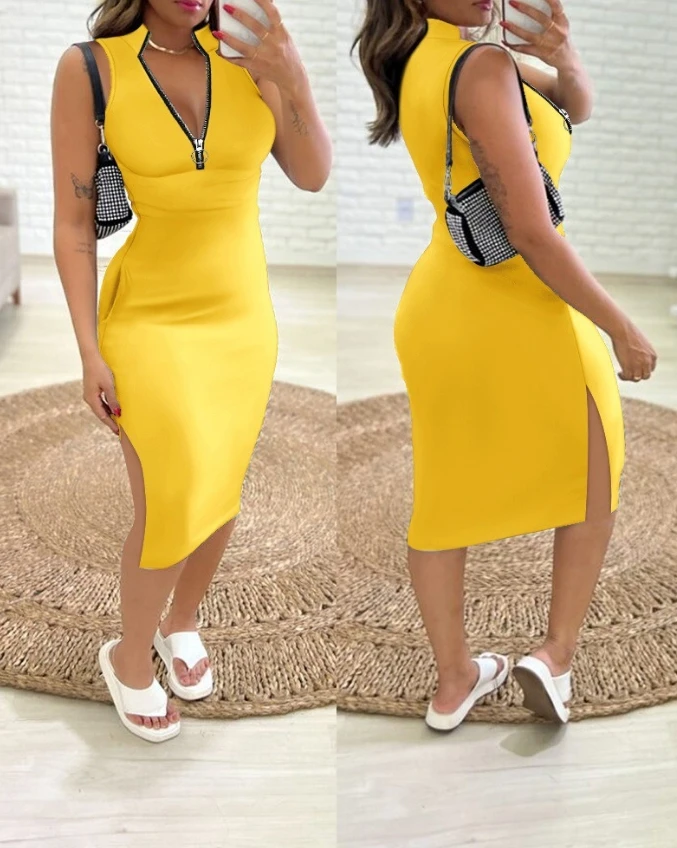 Yellow Dress 2024 Summer Women's Simplicity Wear Zipper Elegant New Pocket Design Slit Bodycon Dress