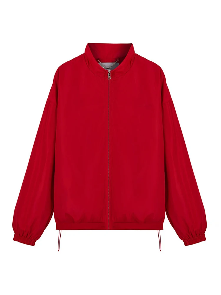 

Casual Stand Collar Zipper Thin Jacket Women Fashion Loose Red Drawstring Pilot Jackets Female Versatile Chic Street Outwear