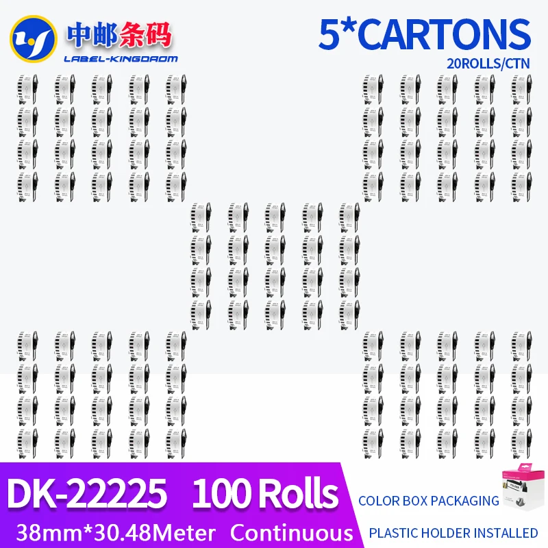 100 Rolls Compatible DK-22225 Label 38mm*30.48M Continuous For Brother Thermal Printer QL-700/800 All Come With Plastic Holder