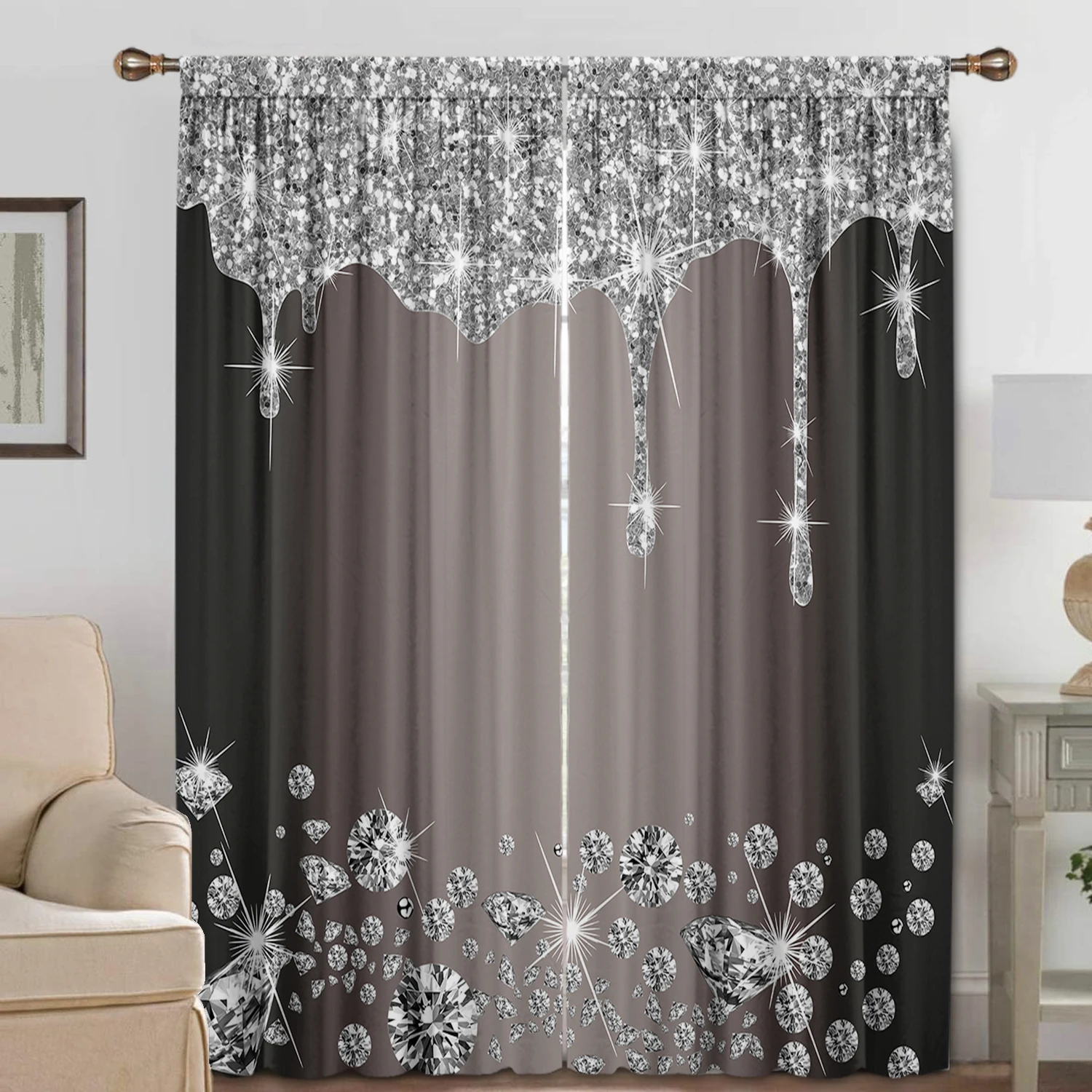 2PC Home Decoration Curtains, Brick And Stone Cartoon With Pole Pocket Curtains, Kitchen, Coffee Shop,Living Room, Balcony