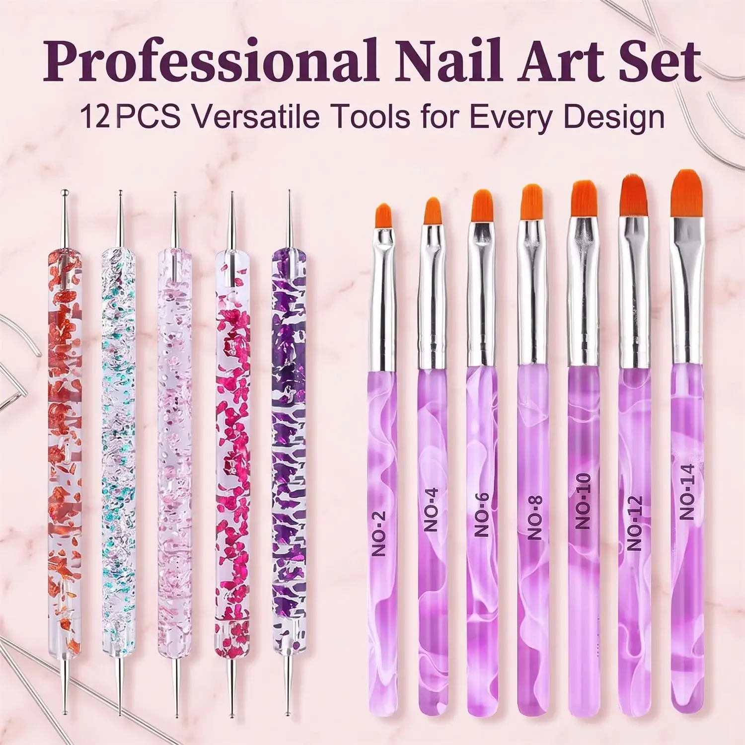 12-teiliges Set mit Pinsel für Nageldesign – 7 Pinsel zum Bemalen und 5 doppelseitige Stifte zum Auftragen von Punkten, unverzichtbar für professionelle Nageldesigner.