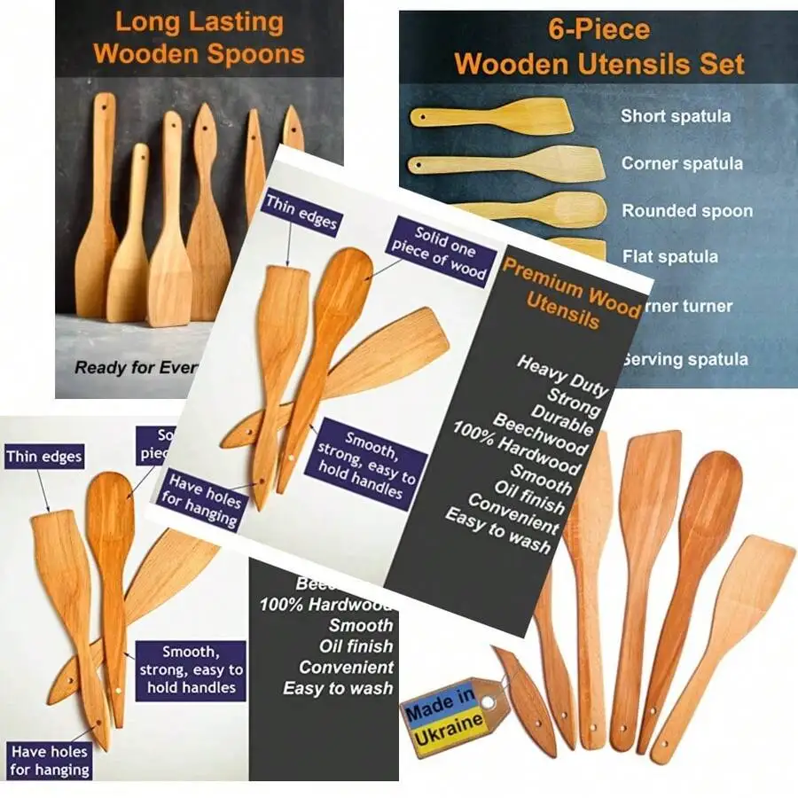 

6-Piece Beechwood Cooking Utensils Set - Heavy Duty Wooden Spoons And Spatulas Made In Ukraine