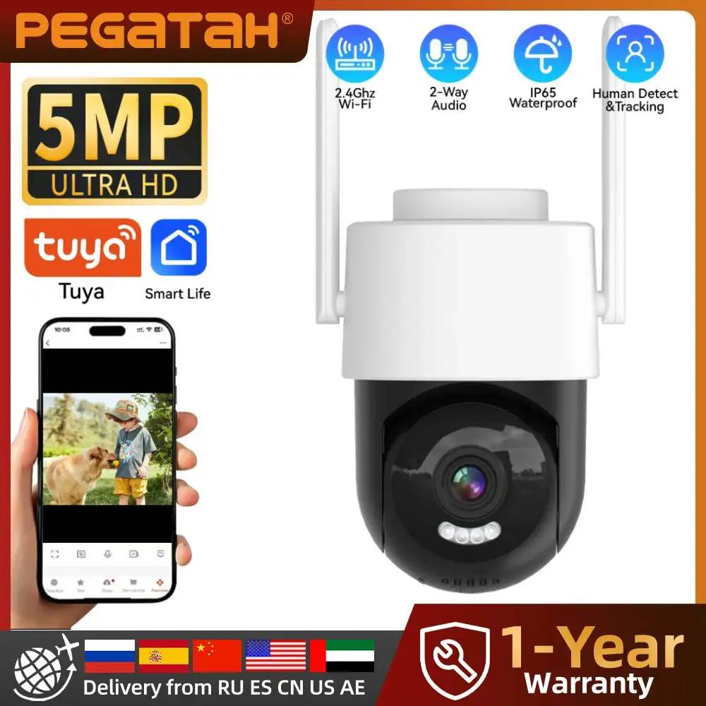 Tuya Wifi PTZ Camera Outdoor 5X Zoom Security IP Camera 5MP Full Color Night Vision Surveillance Human Tracking Motion Detection