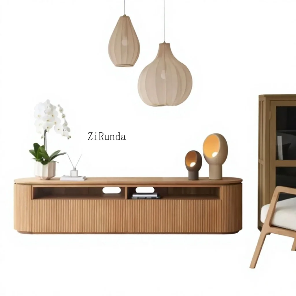 Natural oak grooved craftsman-style TV cabinet, modern minimalist living room apartment media cabinet