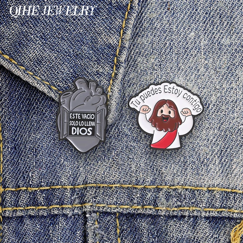 Spanish Jesus Faith Enamel Pin Cartoon Jesus Tu Puedes Estoy Contigo Badge Este…