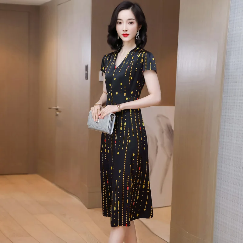 Women summer thin silk dress 2024 new high-end luxury silk printed temperatre lady skirt