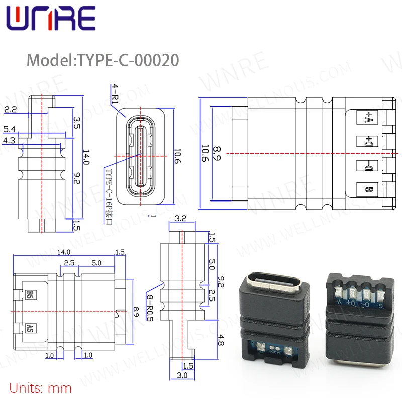 TYPE-C-00020 Micro Socket Interface Transmission Data Connector Charging Source Waterproof USB Female Charging Interface