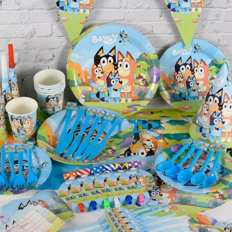 Bluey Bingo-vajilla desechable familiar para fiesta de cumpleaños, platos de papel, vasos de papel, pañuelos, decoración para fi