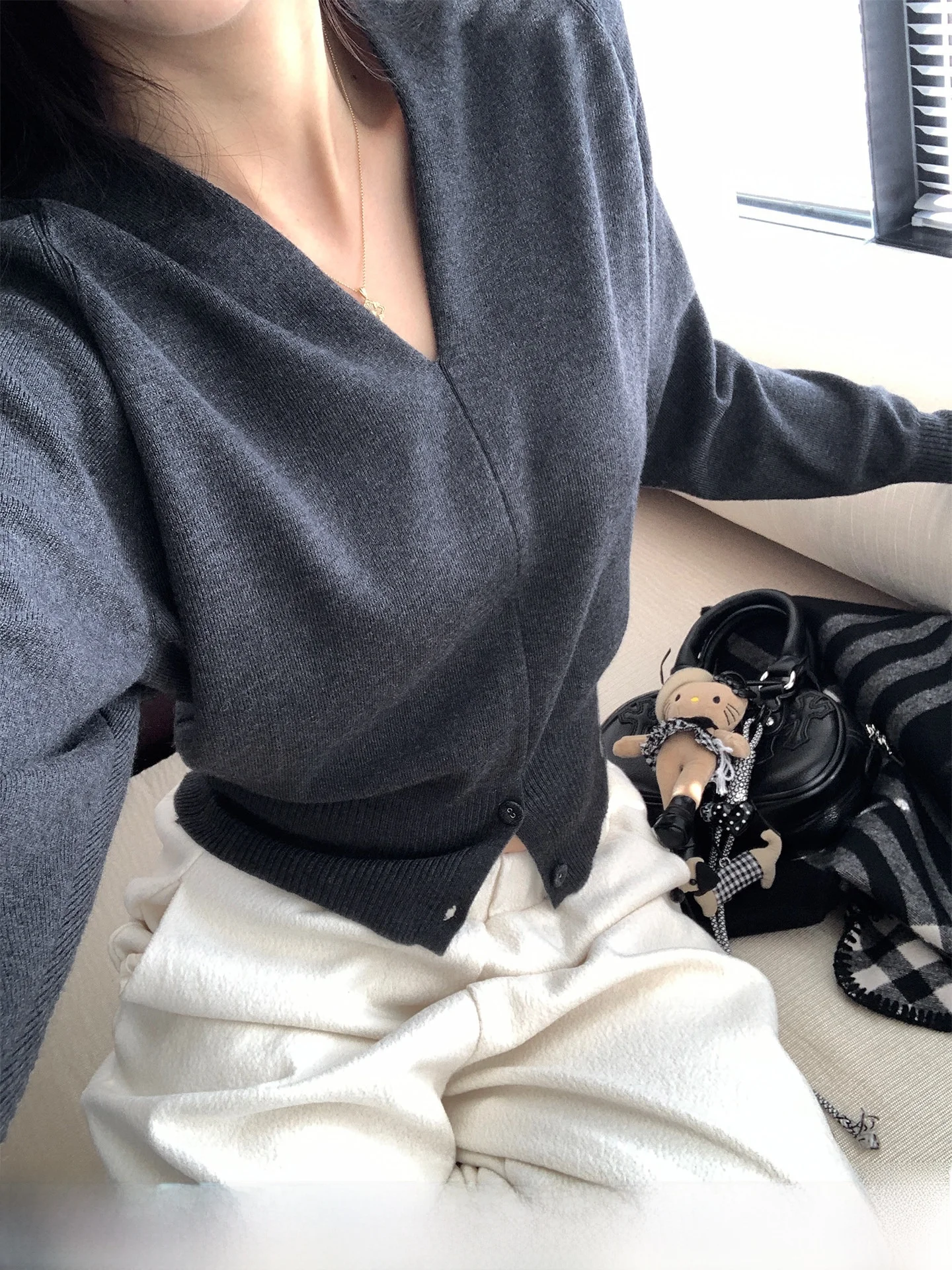 

Slim Fit V-Ne Knitwear Women's Open Hem T Sweater oulder Insertion Long Sve Polyester Wool Blend Casual Top