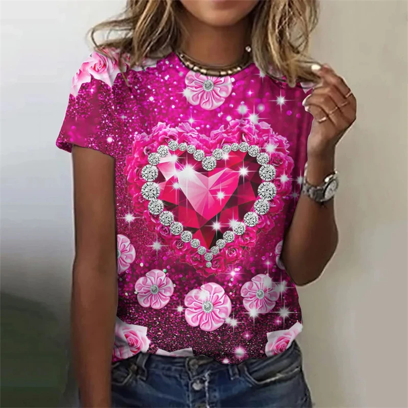 Fashion T Shirt For Women Love Heart Printing Beautiful Tee Short Sleeve Ladies Clothes Leisure Street Female T-shirt Tops Tees