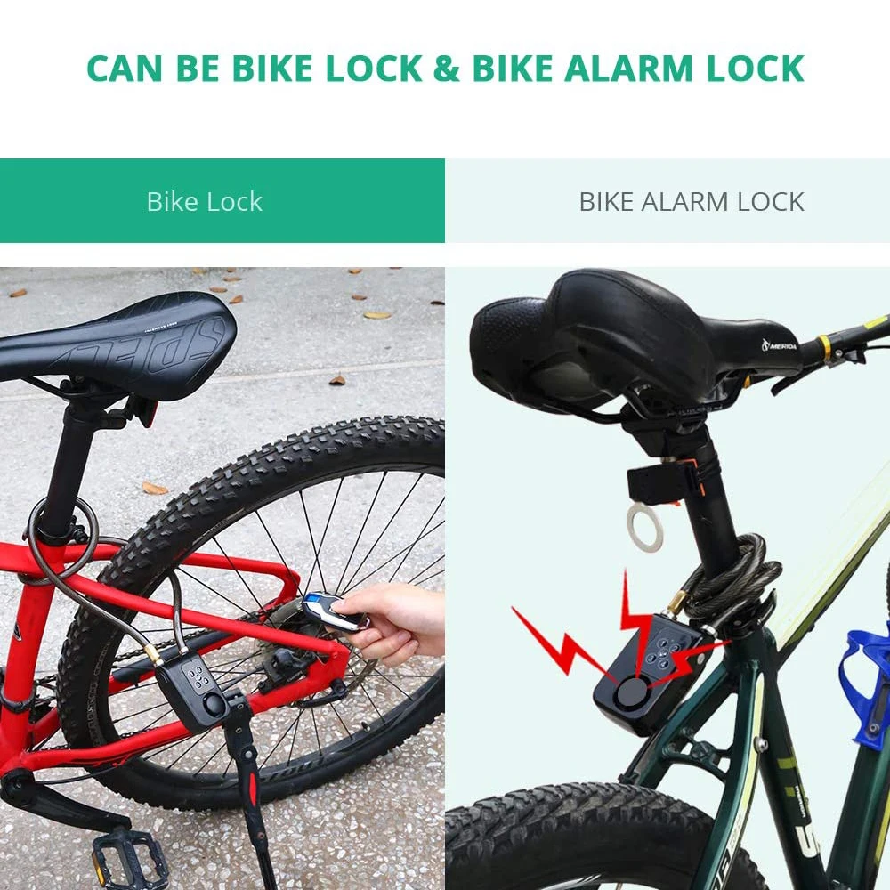 Bloqueio da motocicleta bicicleta elétrica com controle remoto sem fio, scooter, bicicleta, assaltante, vibração, cabo de alarme, impermeável, 110dB