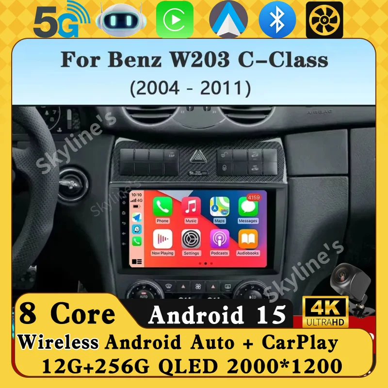 Автомобильное радио Android 15 Carplay для Benz W203 W209 C180 C200 C220 C230 2004-2011 Навигация GPS Мультимедийный плеер Wi-Fi + 4G BT Auto