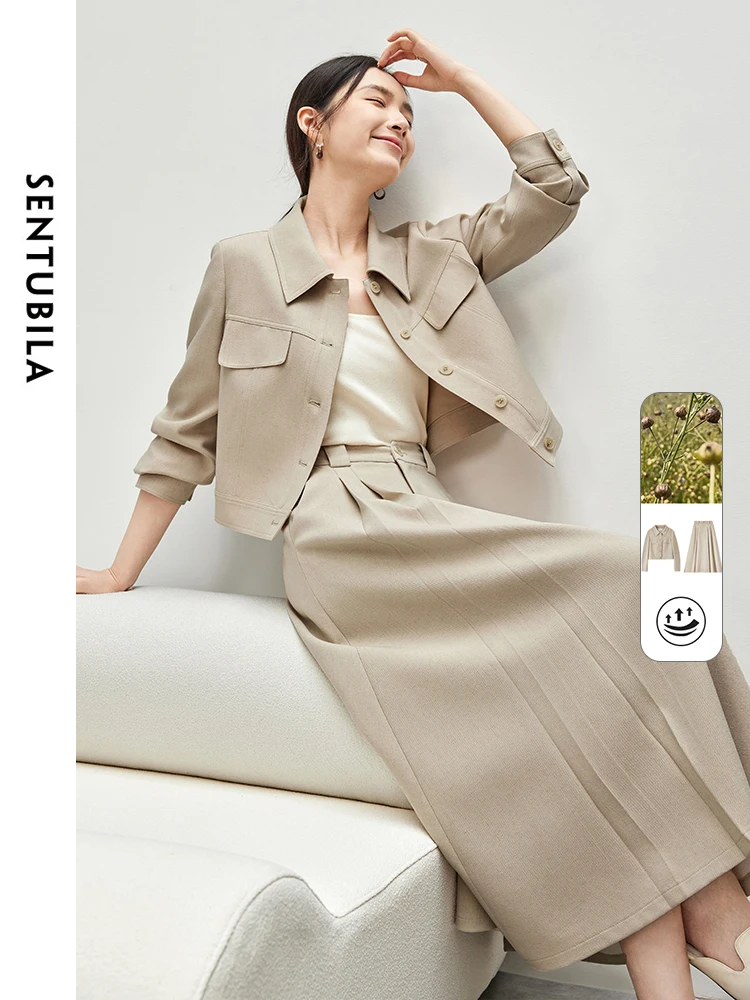 SENTUBILA Women Texture Linen Skirt Set 2024 Autumn Single Breasted Jacket Pleated A Line Skirt 2-częściowy zestaw spódnic 143Z56777