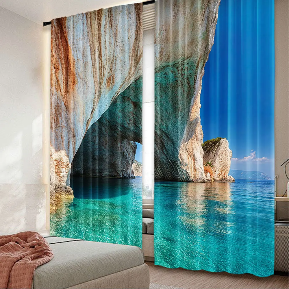 

2Pcs Greece Curtains Sea Cave On Zakynthos Island Greece Vacation Relaxing Seascape Coastline For Bedroom Living Room And Dining