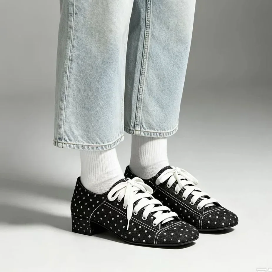 2027 Women Polka Dot Low Block Heel Shoes Lace Up Square Toe Mary Jane Fashion Casual Daily Party Pumps 2026 New Dress Shoes