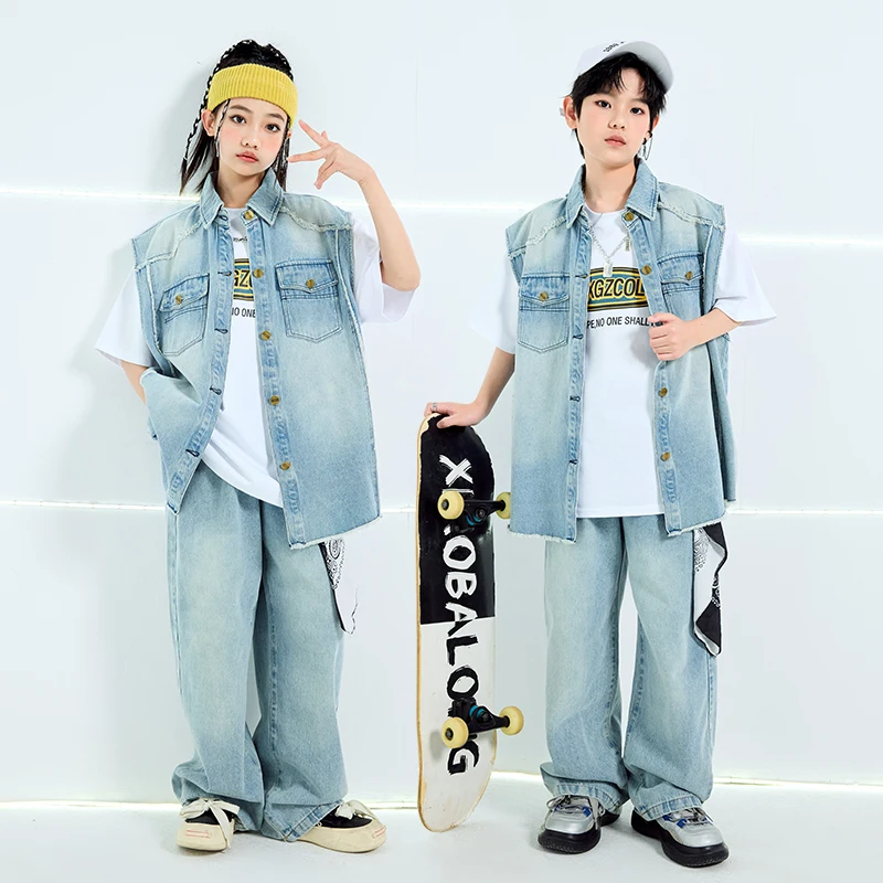 Novos meninos denim colete calças hip hop terno meninas jazz desempenho trajes grupo de salão hip hop dança festival roupas rua wear