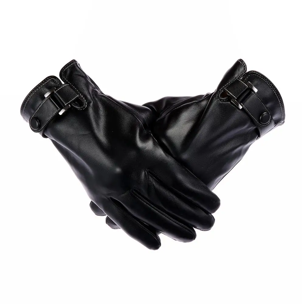 Men Winter Leather Fleece Thermal Leather Gloves  Warm Touch Screen Windproof Waterproof Driving Gloves Full Finger Black Gloves