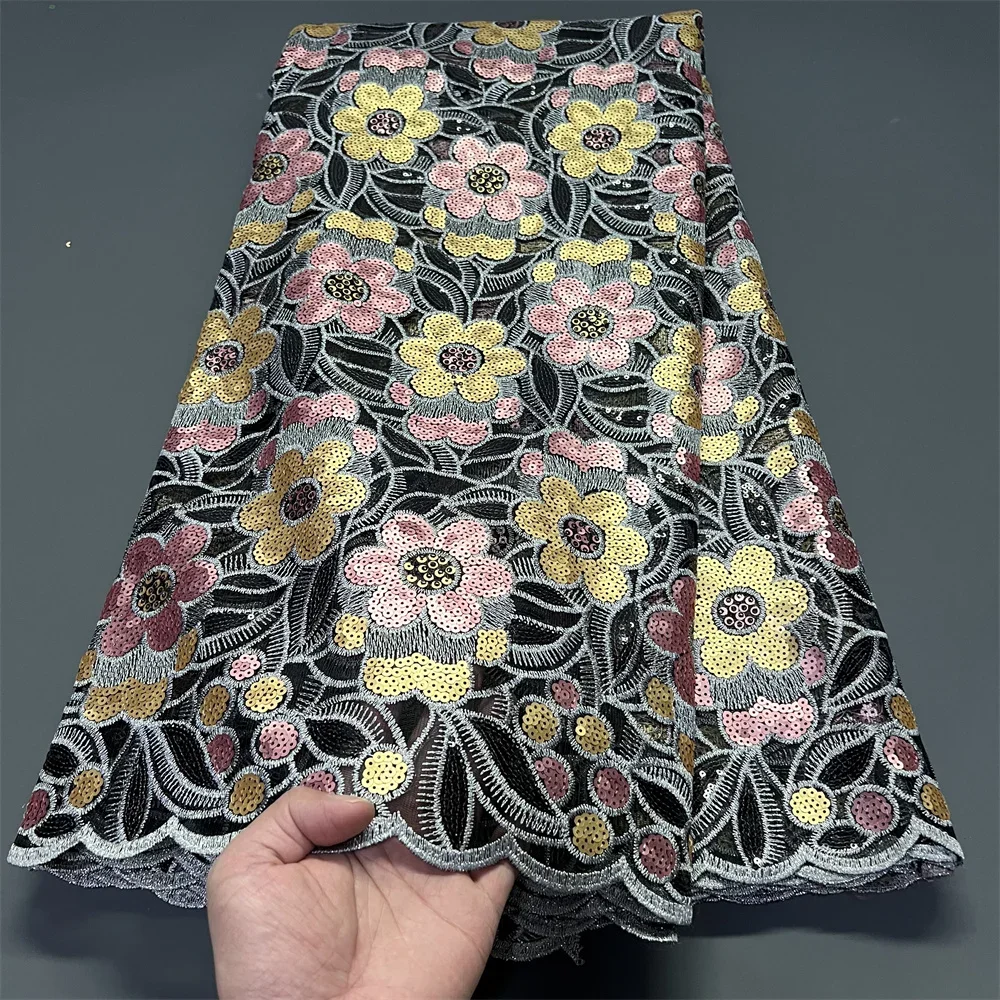 

2025 African Nigerian Sequins Embroidery High-Quality Tulle Lace Fabric Sewing Beads Stone for Prom Dresses 5 Yards