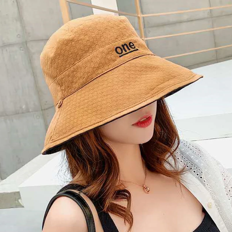 Double-sided Letter Embroidery Fisherman Hat For Women Outdoor Fishing Cap Casual Panama Bucket Cap Sunscreen Sun Cap