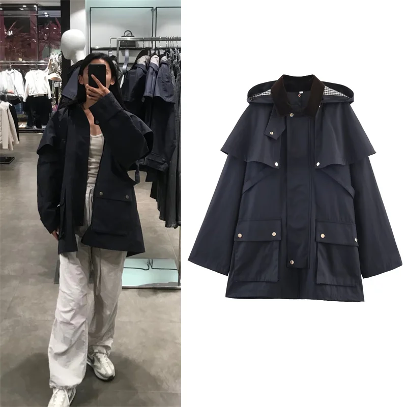 

Женский плащ, осень 2022, новый стиль, темно-синий, с длинным рукавом, на пуговицах, декоративный, свободный, с капюшоном, куртка, повседневная мода