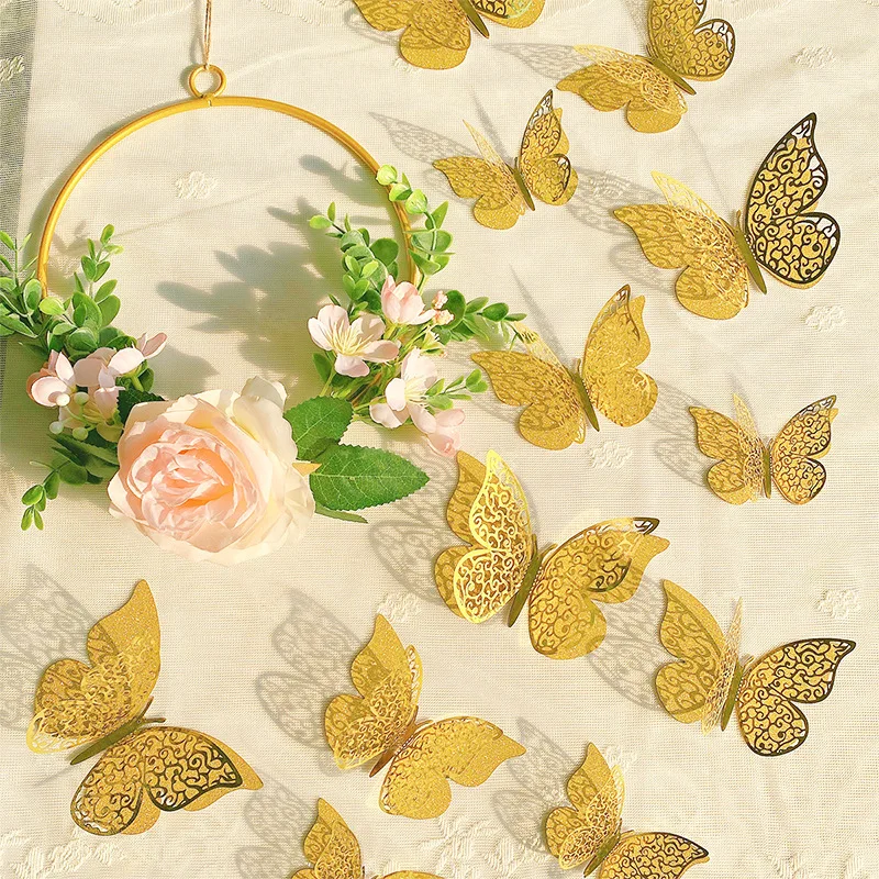 12PCS New Double-layer Colorful Hollow Butterfly Wall Sticker 3D Glitter Cardboard Butterflies Wedding Birthday Party Decoration