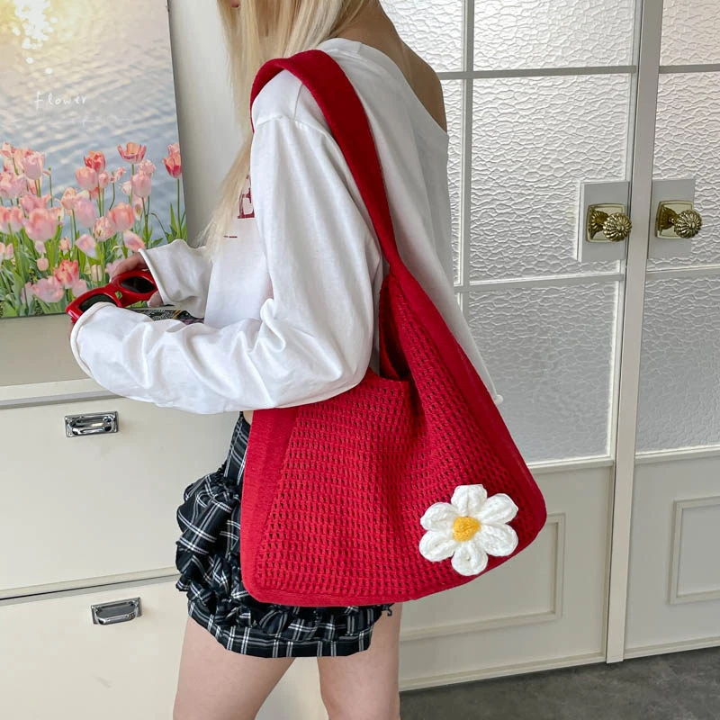 

Hand-crocheted floral woven bag for women, beach vacation style knitted bag, large-capacity handbag, versatile and simple should