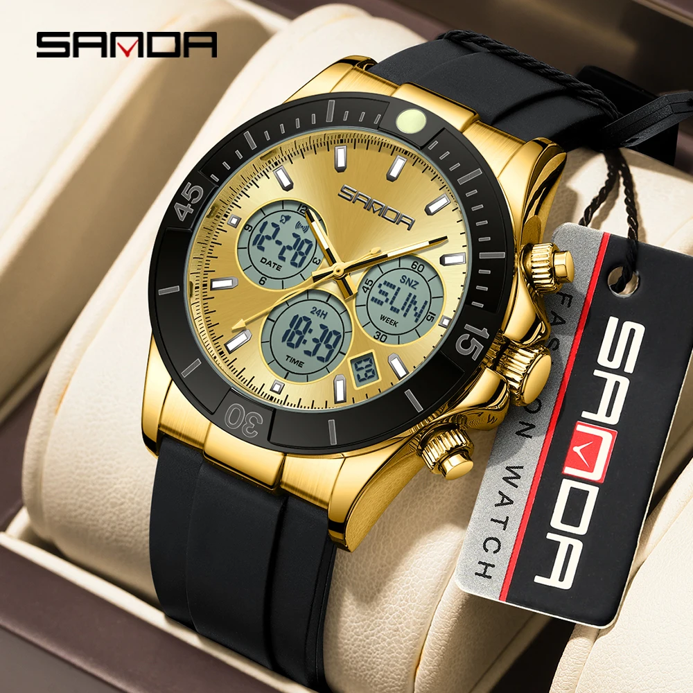 SANDA Men Electronic Watch Sport Multifunctional Three Eye Six Needle Chronograph Waterproof Night Light Electronic Watch 6192