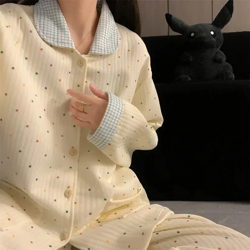 

Женский комплект пижамы из плотного воздушного хлопка, небольшой отложной воротник и домашняя одежда в горошек, теплый и удобный полиэстер