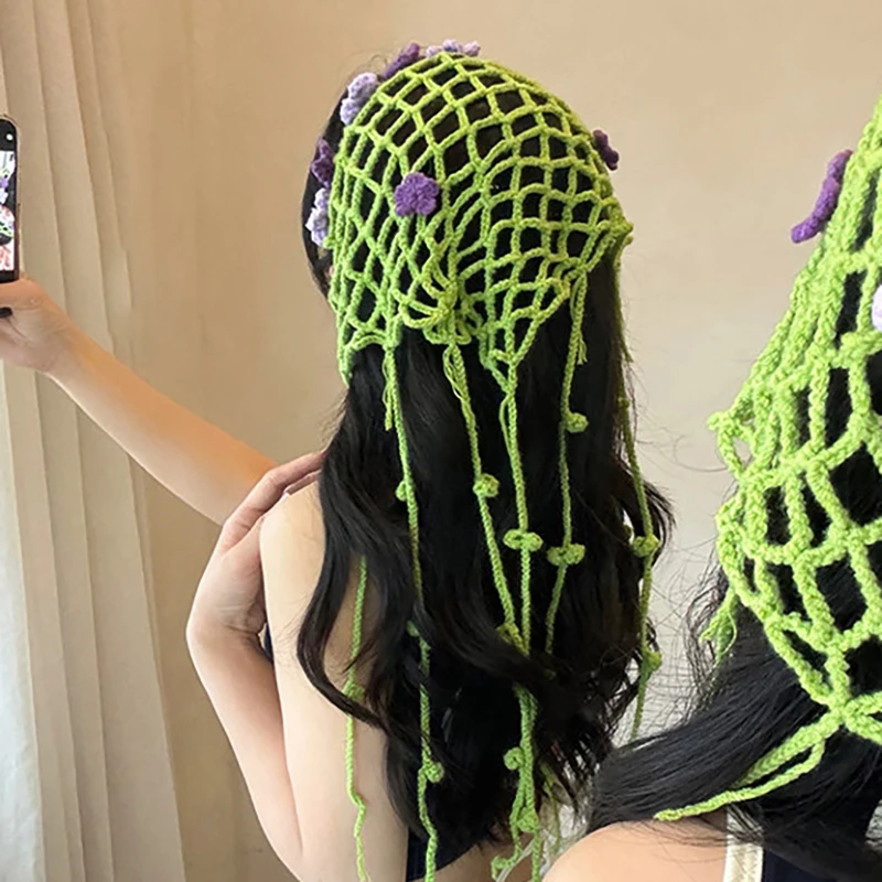 

Handmade Crochet Flower Triangle Headscarf Women Summer Knitted Green Headband Fashion Y2K Headwear Seaside Vacation Headscarf