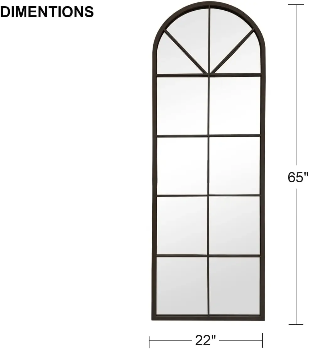 Espelho de comprimento total com acabamento em janela arqueada de 65 × 22 ", espelho de parede, estrutura de metal, espelho de decoração de casa, painel de janela