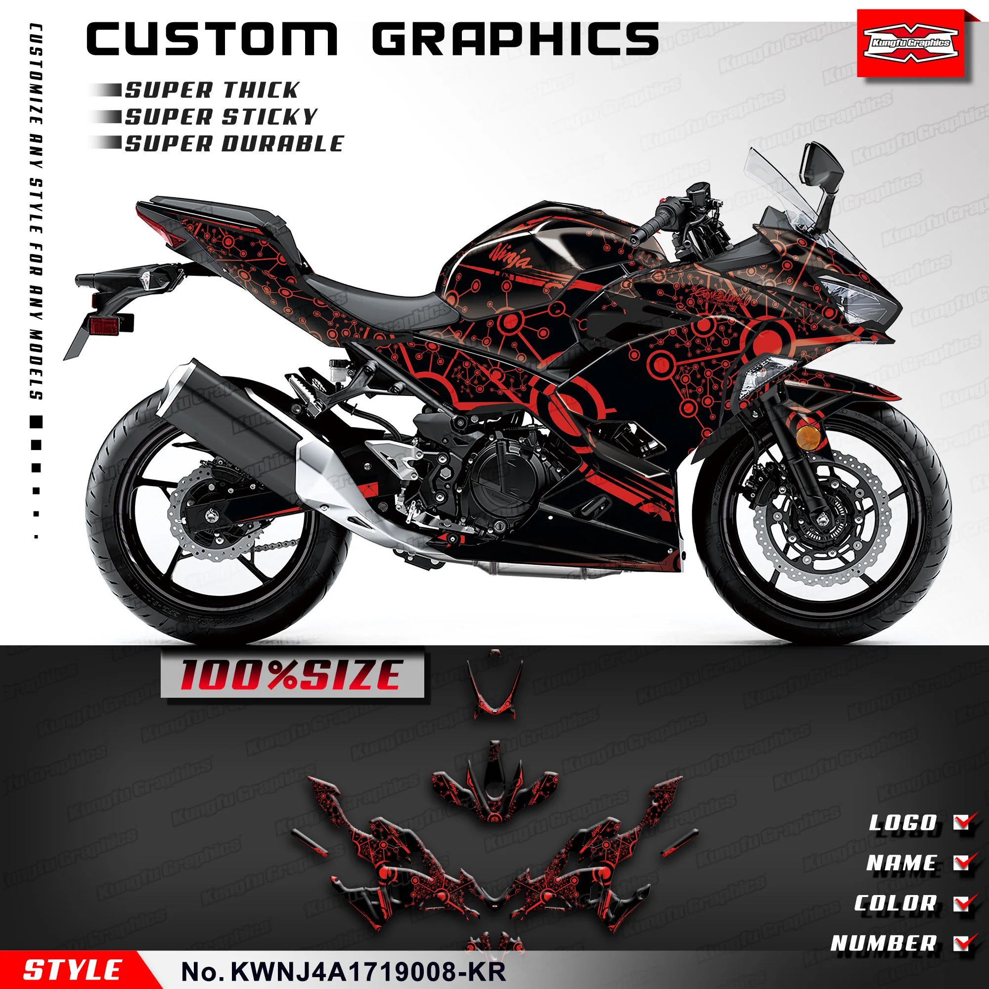 

KUNGFU GRAPHICS Adhesive Sticker UV-resistant Vinyl for Kawasaki Ninja 250 400 ABS KRT 2017 2018 2019-2023, KWNJ4A1719008-KR