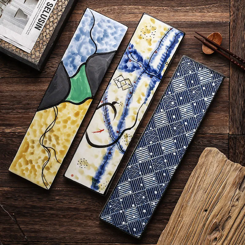 1PC Japanese Hand-painted Long Sushi Plate Ceramic Tableware Household Creative Plate Commercial Tableware Household Goods