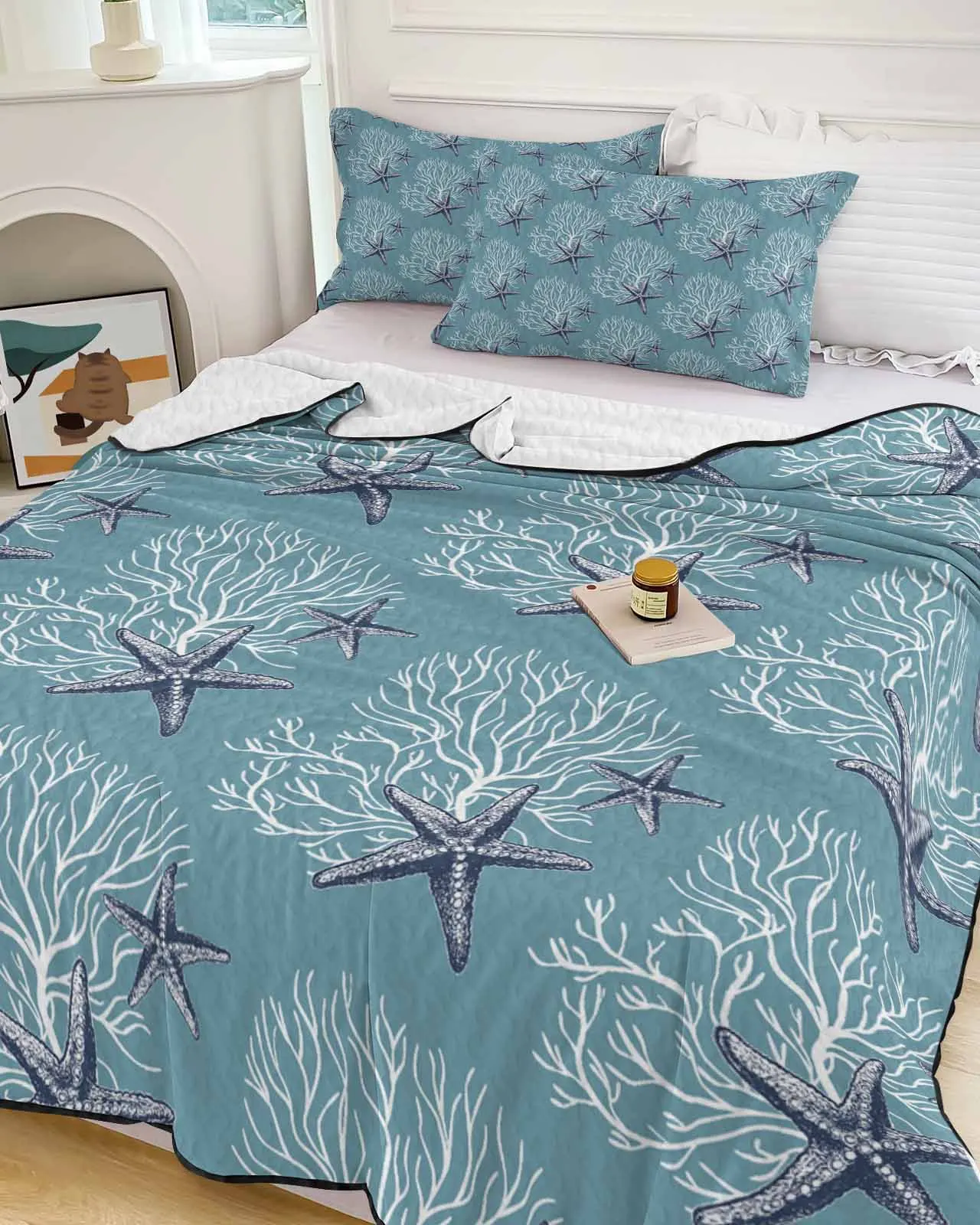 

Coral Starfish Blue Summer Cooling Quilt Air Condition Blanket Comfortable Lightweight Bedroom Thin Quilt