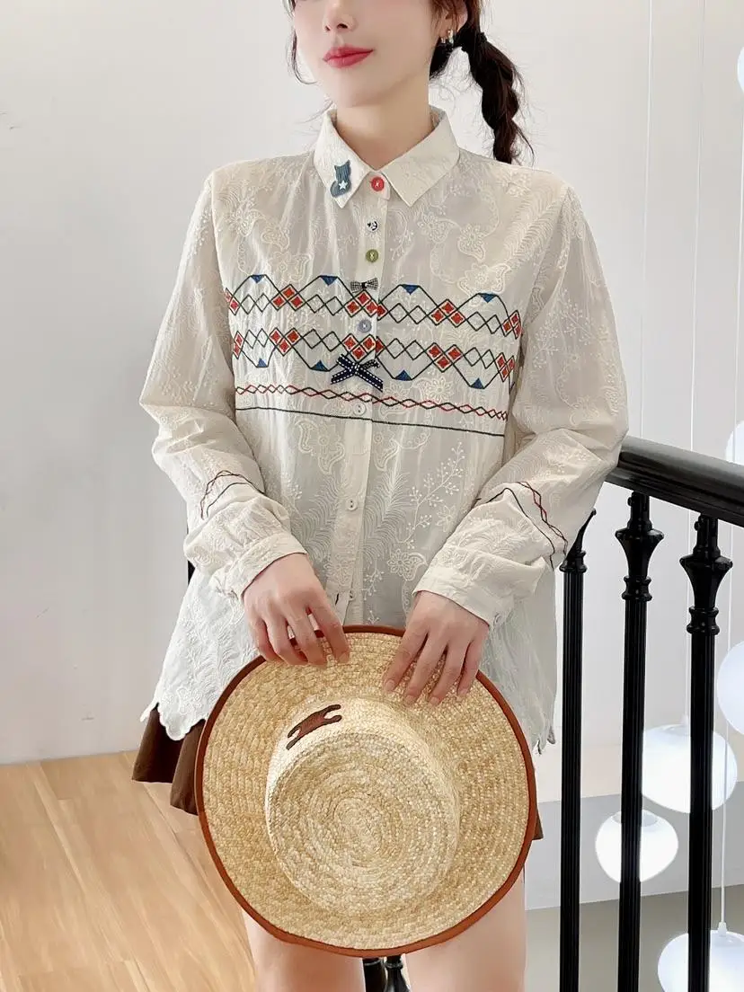 Japan Style Ethnic Embroidery Boho White Cotton Shirt Women Mori Girl Spring Autumn Turn Down Collar Long Sleeve Blouse Tops