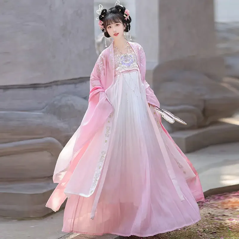 هانفو فستان مطرز على الطراز الصيني ، نمط تانغ الرجعية ، الصيف ، الأزرق ، الطالب ، أداء الكبار ، اطلاق النار ، الرجعية