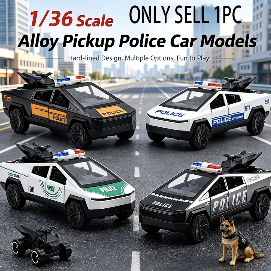 2PCS Pickup Police Car Delivery Scooter Off-Road Alloy Car Simulation Model with Door Boy Car Pull-Back Toy Sturdy and Durable