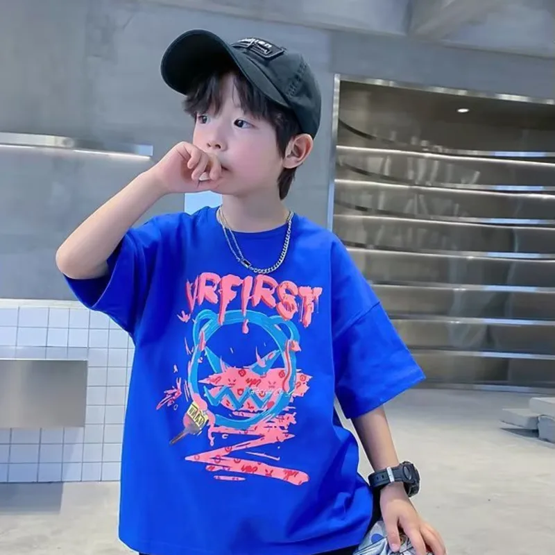 

Summer Handsome Cool Kids Boy Casual Cartoon Bear Print Trendy Children's Pure Cotton T-shirt Short Sleeve Toddler Tees Han Fan