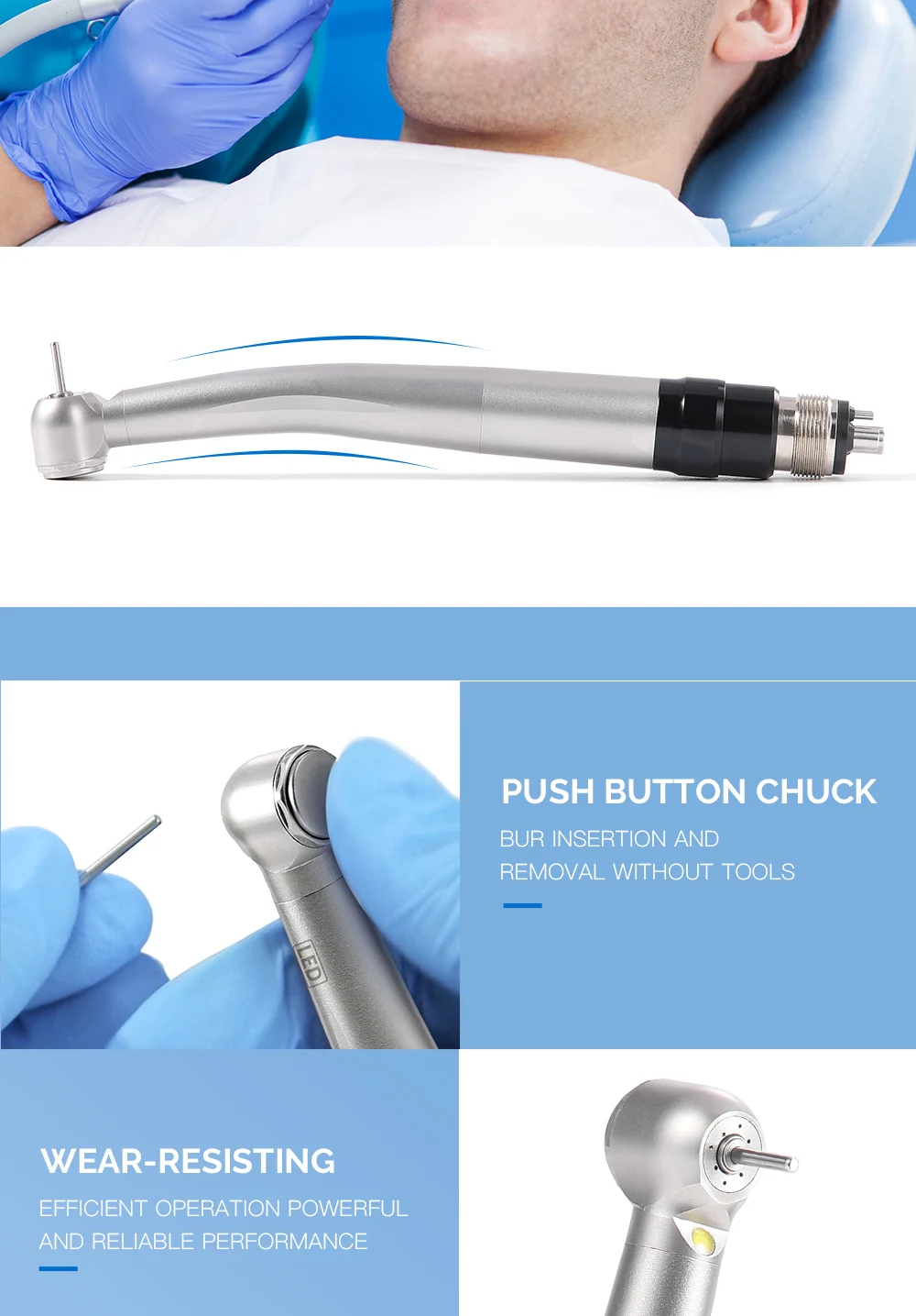 AZDENT Dental Hochgeschwindigkeitshandstück LED E-Generator Standardkopf Schnellkupplung 4-Wege-Spray Clean System Druckknopf 4 Löcher – Detail 9