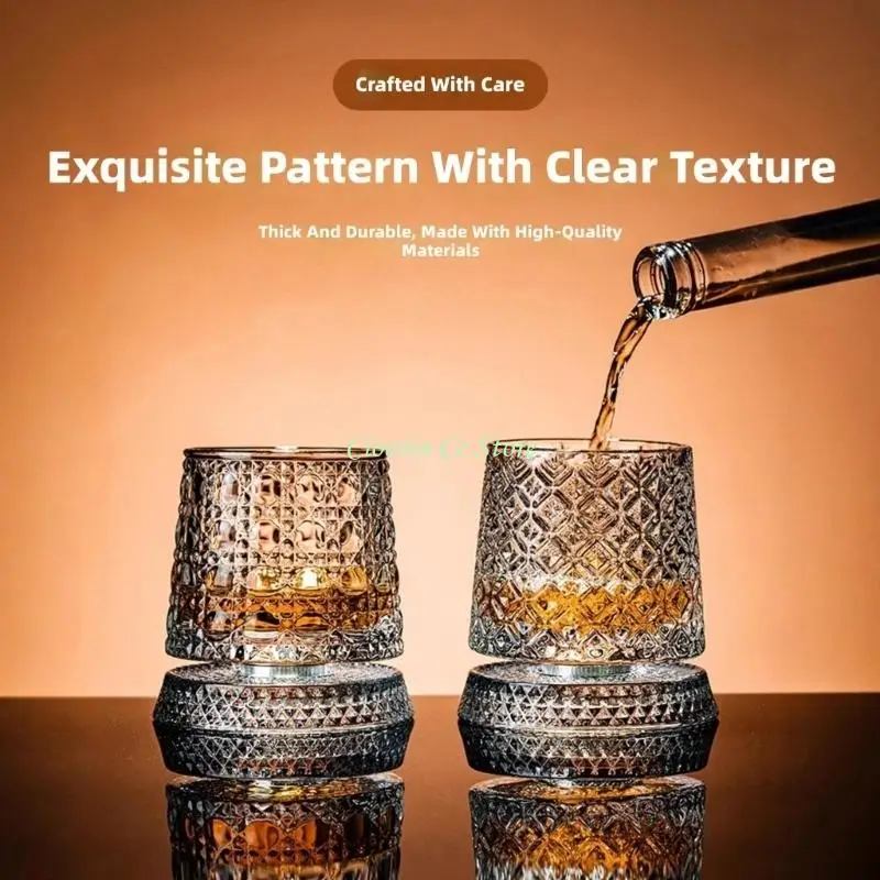 X90F Party Whiskeys Glass Rotating Base Texture Clear Cocktail Drinking Wine Glassware