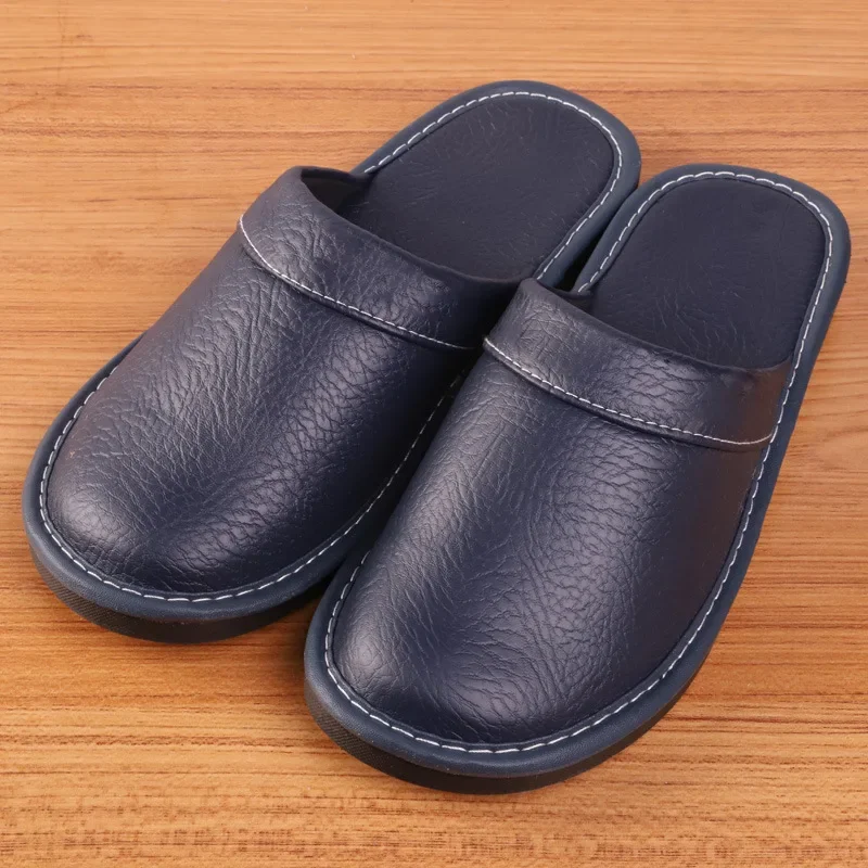 Indoor Men Slippers Pu Leather Home Slippers High Quality Male Slippers Waterproof Gingham Leather Slipper Chinelos Masculinos