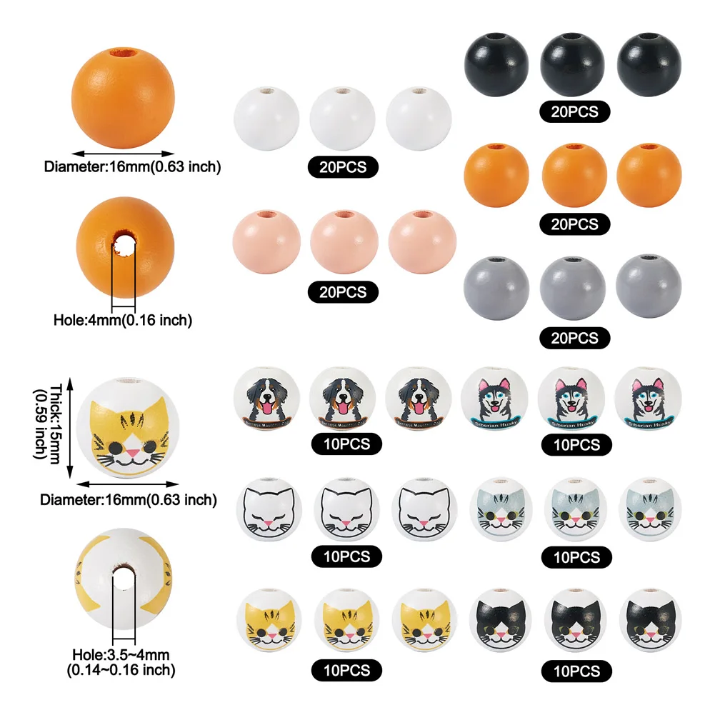 160Pcs Wood Beads Cute Animal Cat Dog Pattern Round Spacer Wooden Loose Beads for DIY Earring Necklace Bracelet Jewelry Making