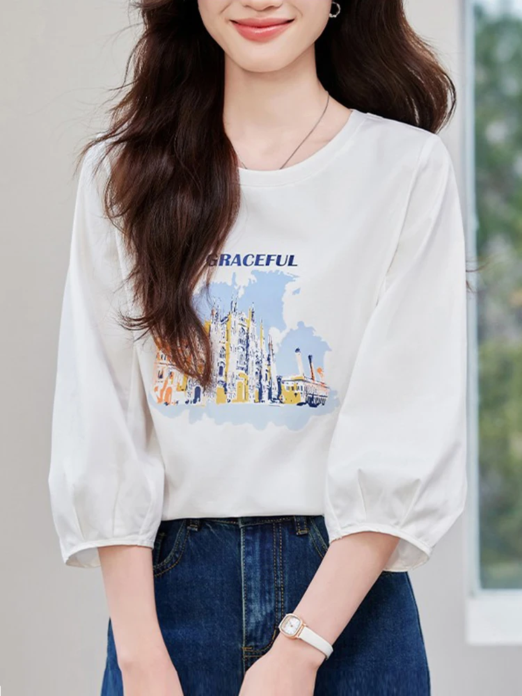 

Антивозрастная женская рубашка с цветочным принтом, весна-лето, новая свободная универсальная тонкая футболка с рукавом 3/4 в корейском стиле для повседневной носки