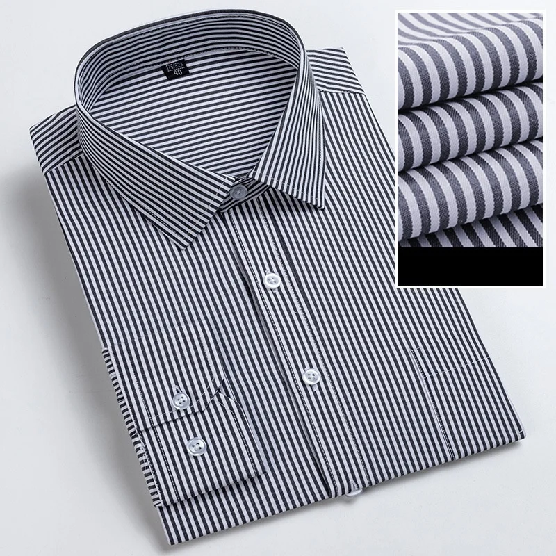 Men Formal Shirt Long Sleeve Office Solid Color Striped Fashion Business Pocket White Social Shirt Men's Clothing 5XL 6XL